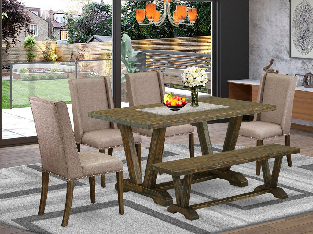 V776FEXW3-F Lux 6 Pc Dining Set Chic Rectangular Table & Bench, 4 Linen Parson Chairs, Multi-Color Flair