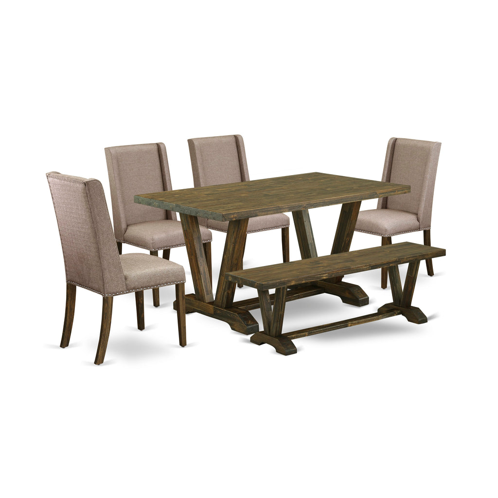 V776FEXW3-F Lux 6 Pc Dining Set Chic Rectangular Table & Bench, 4 Linen Parson Chairs, Multi-Color Flair