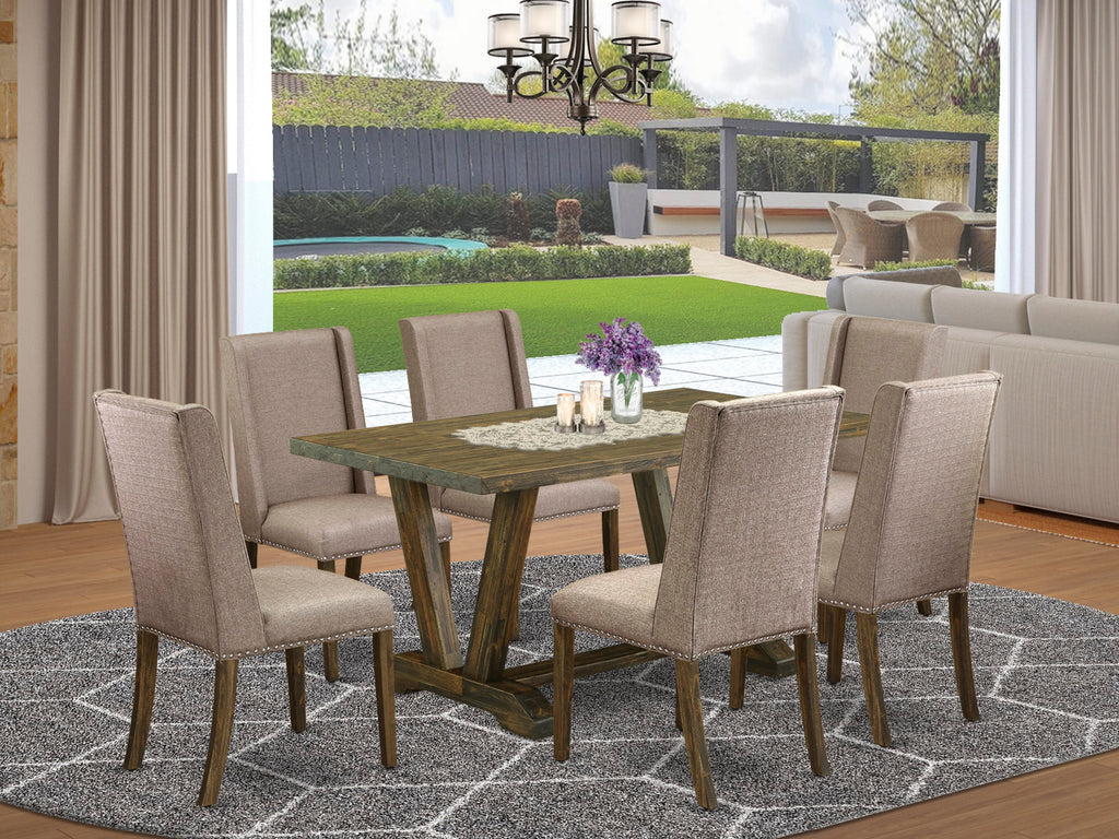 V776FW9FX 7-Piece Set Rectangle Dining Table with V-Legs and 6 Upholstered Chairs in Dark Khaki Linen, 36x60 Inch