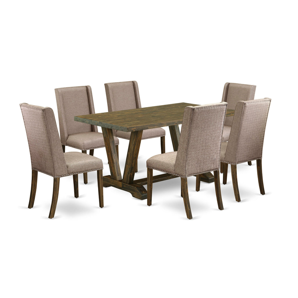 V776FW9FX 7-Piece Set Rectangle Dining Table with V-Legs and 6 Upholstered Chairs in Dark Khaki Linen, 36x60 Inch