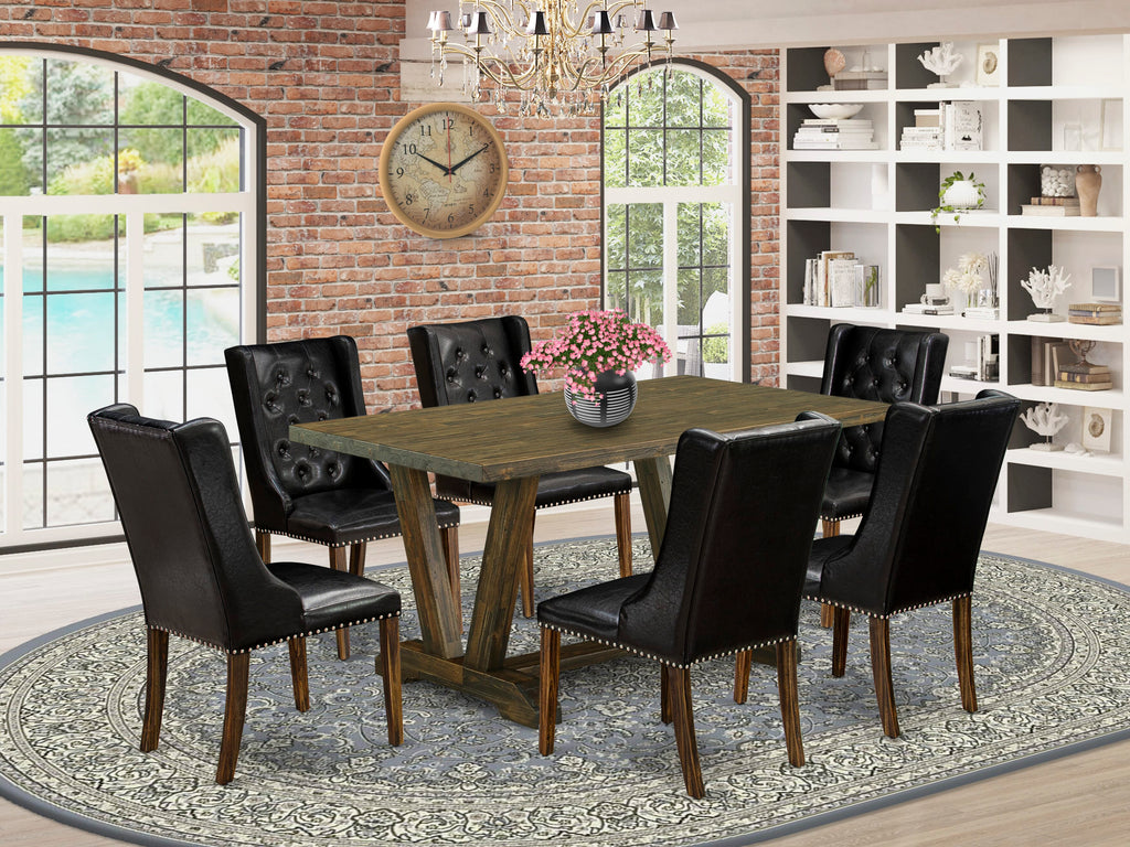 V776FZRPH-K Chef's Choice 7 Piece Set Rectangular Table with V-Legs and Faux Leather Chairs, Multi-Colored Elegance