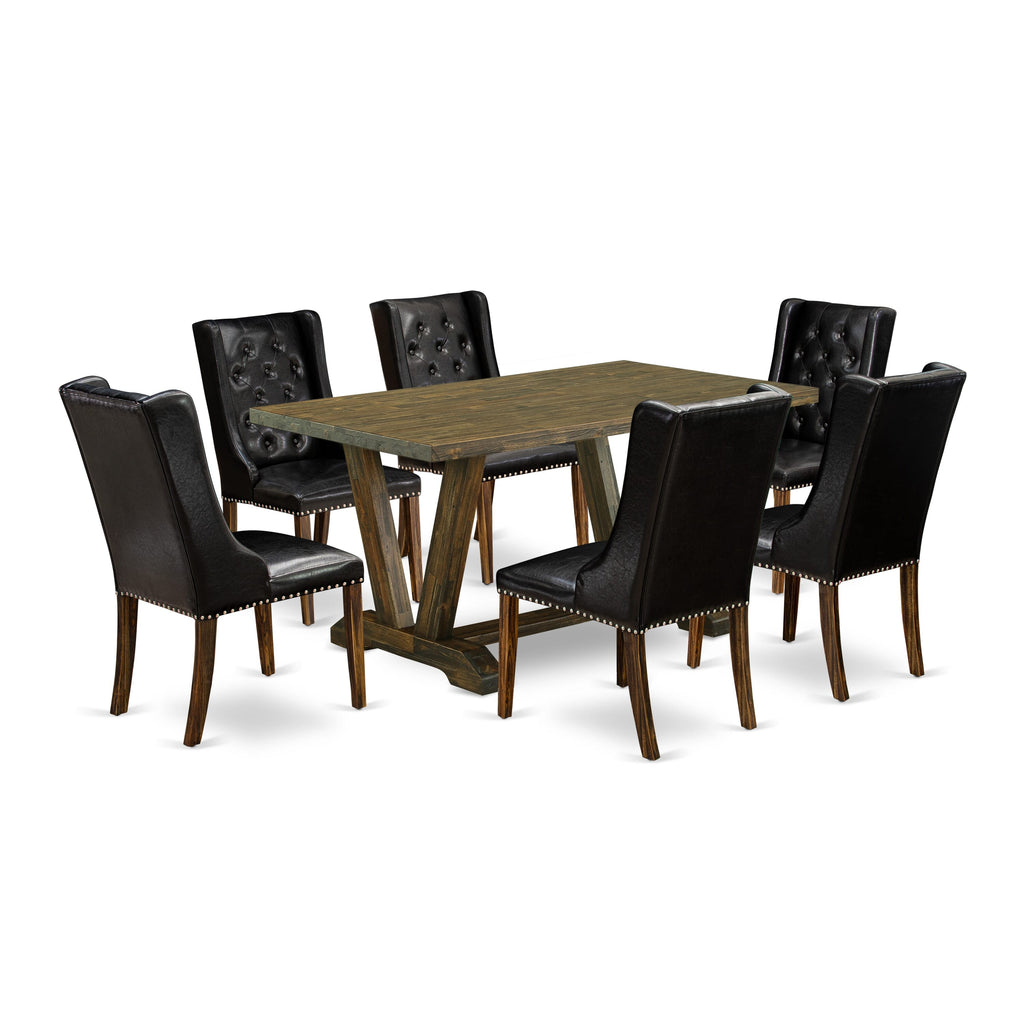 V776FZRPH-K Chef's Choice 7 Piece Set Rectangular Table with V-Legs and Faux Leather Chairs, Multi-Colored Elegance