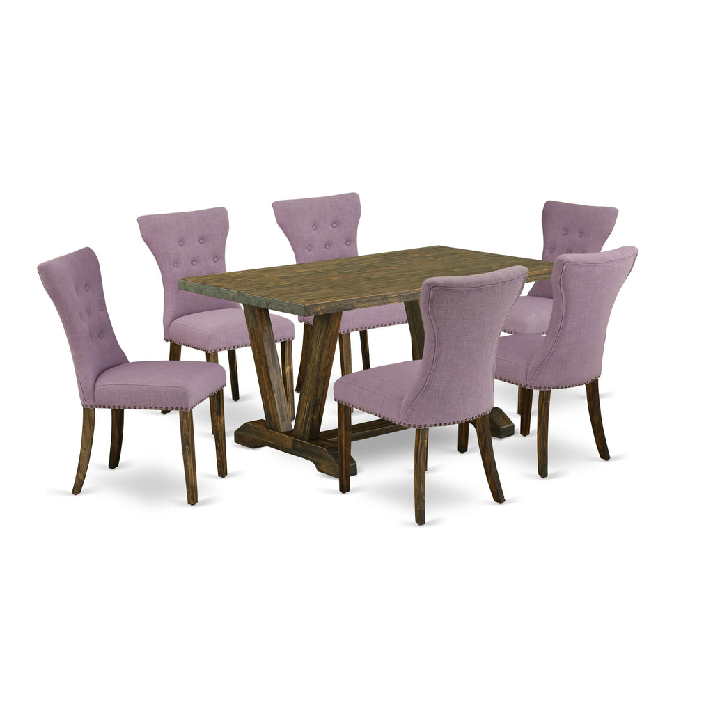 V776GWPT5-F 7-Piece Dining Ensemble with V-Leg Table & Upholstered Chairs Set, Multi-Color