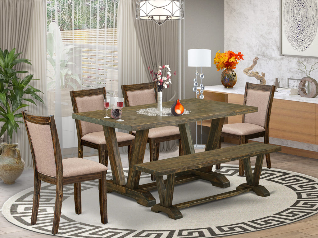 V776MZOJ6-U Dining Ensemble, 6-Piece Rectangle Table, 4 Dark Khaki Upholstered Seat Chairs with Bench