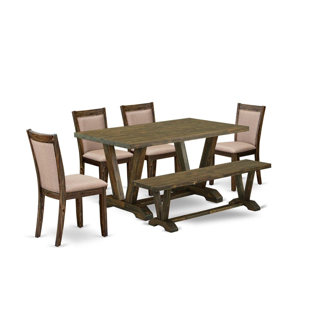 V776MZOJ6-U Dining Ensemble, 6-Piece Rectangle Table, 4 Dark Khaki Upholstered Seat Chairs with Bench