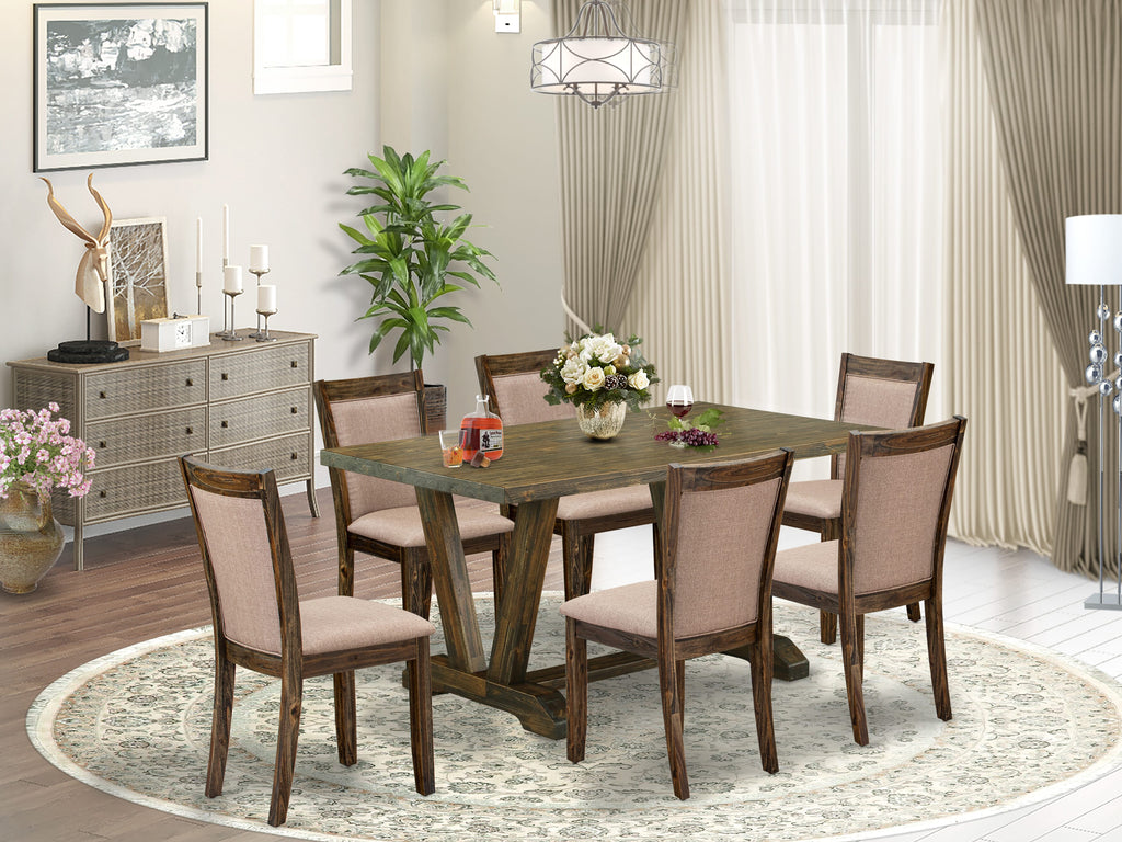 V776M7ZNC-5 Elegant 7-Piece Dining Collection with Distinctive V-Leg Table and 6 Dark Khaki Linen Chairs, 36x60, Multicolor