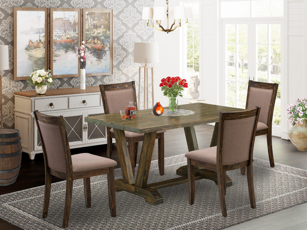 V776MWTAY-J Dining Set Rectangular Table with V-Legs & 4 Upholstered Coffee Linen Chairs, Multi-Color, 5-Piece
