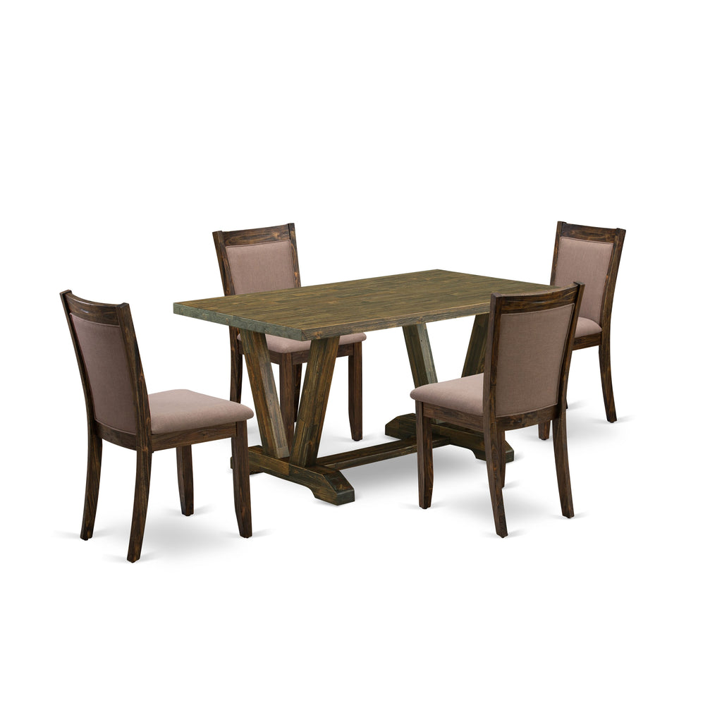 V776MWTAY-J Dining Set Rectangular Table with V-Legs & 4 Upholstered Coffee Linen Chairs, Multi-Color, 5-Piece