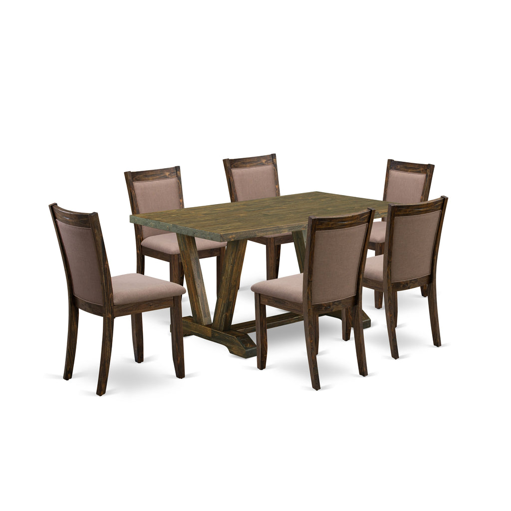 V776MQKHJ-0 7-Piece Dining Ensemble with V-Leg Table and 6 Coffee Linen Parson Chairs in Multi-Color, 36x60,