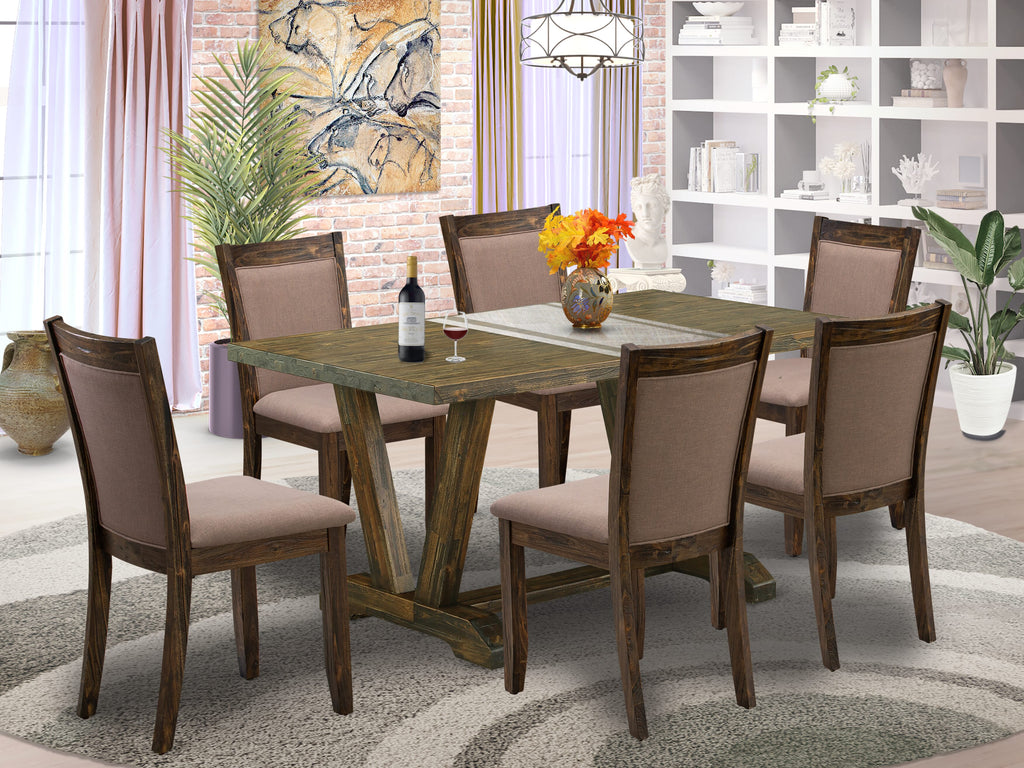 V776MQKHJ-0 7-Piece Dining Ensemble with V-Leg Table and 6 Coffee Linen Parson Chairs in Multi-Color, 36x60,