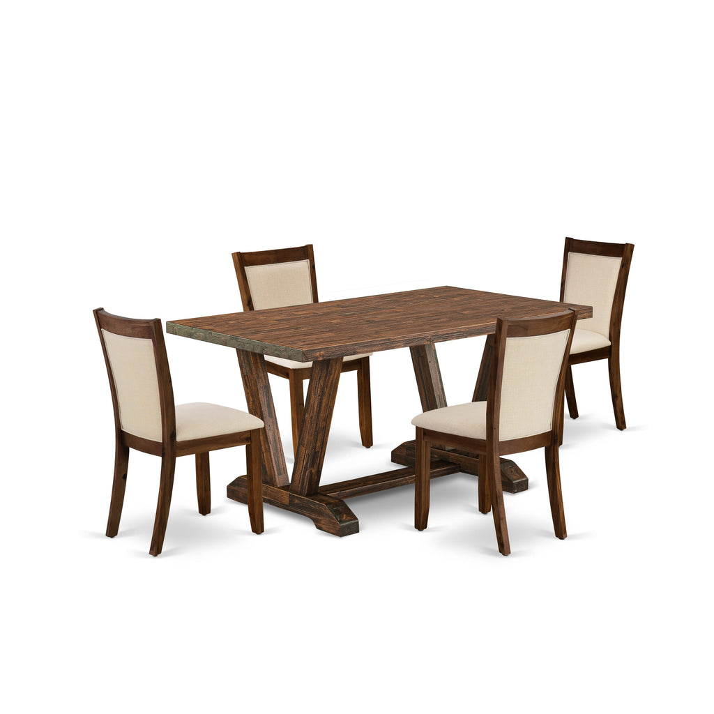 V776M166S-H Full Dining Ensemble Stylish Rectangle Table with V-Legs, Fabric Parson Chairs, 5-Piece Set