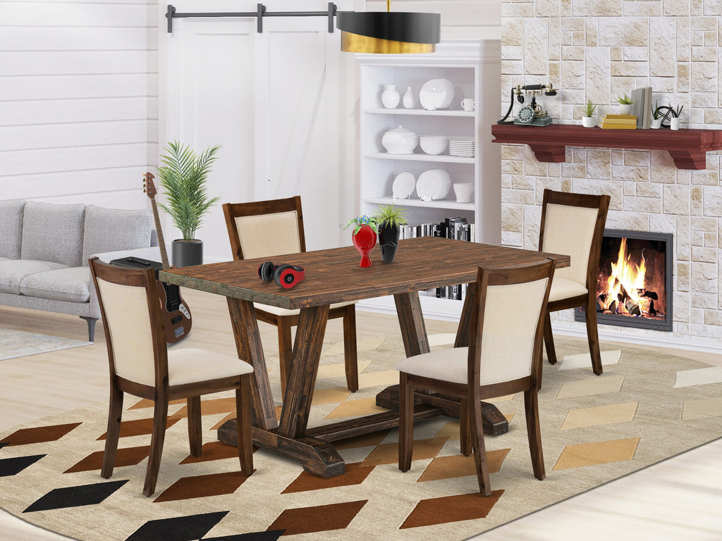 V776M166S-H Full Dining Ensemble Stylish Rectangle Table with V-Legs, Fabric Parson Chairs, 5-Piece Set