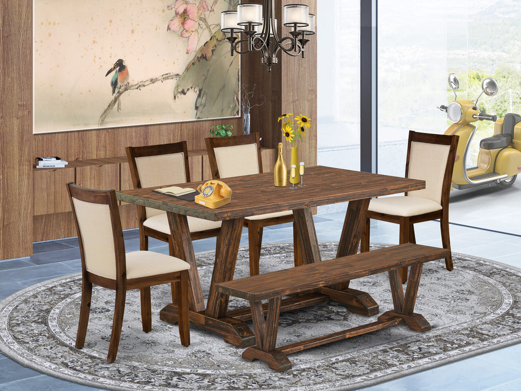 V776M41BW-X Dining Ensemble V-Legged Rectangular Table with Chairs & Bench, 6-Piece Set