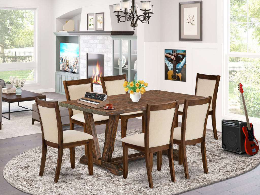 V776MWN5N-F 7-Piece Set w/ Table & Beige Linen Chairs - Rectangular 36x60 Multi-Shade Dining Suite
