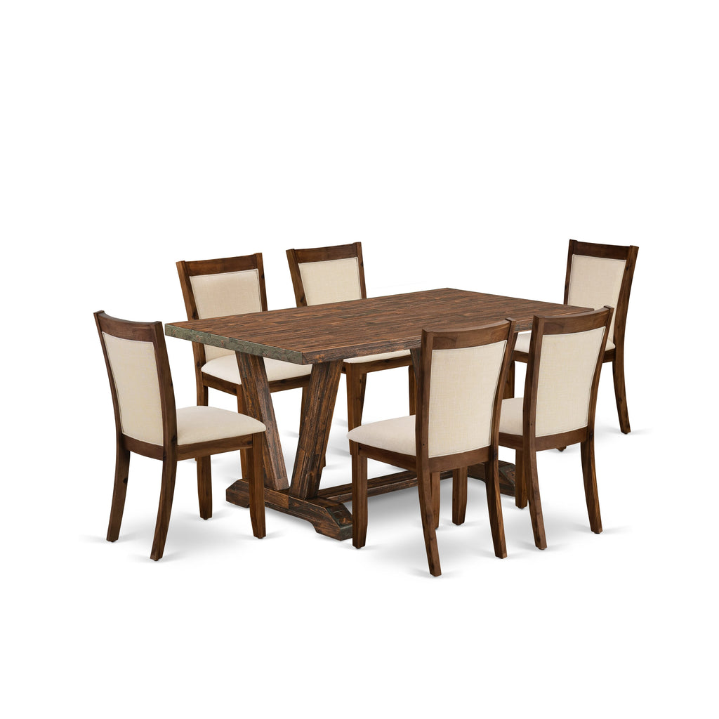 V776MWN5N-F 7-Piece Set w/ Table & Beige Linen Chairs - Rectangular 36x60 Multi-Shade Dining Suite