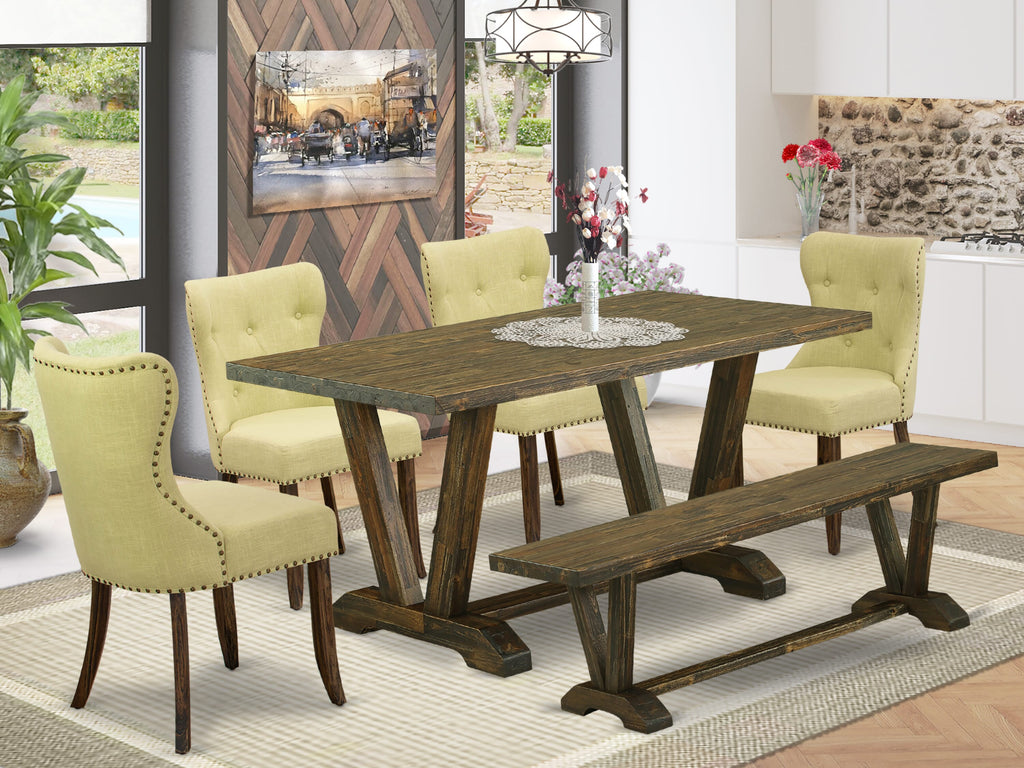 V776SGQ6D-8 Contemporary 6-Piece Dining Set with V-Leg Table, 4 Parson Chairs & Bench - 36x60 Multi-Color