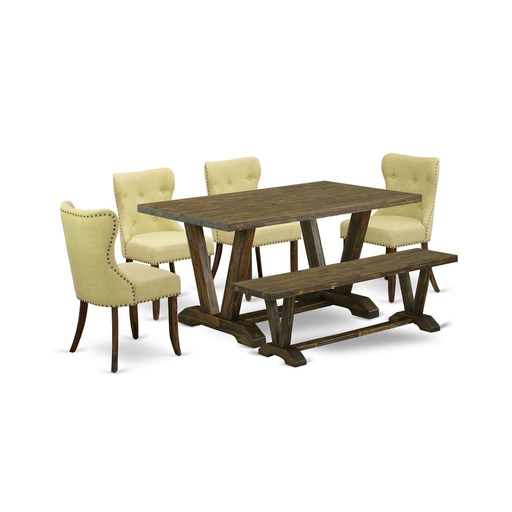 V776SGQ6D-8 Contemporary 6-Piece Dining Set with V-Leg Table, 4 Parson Chairs & Bench - 36x60 Multi-Color