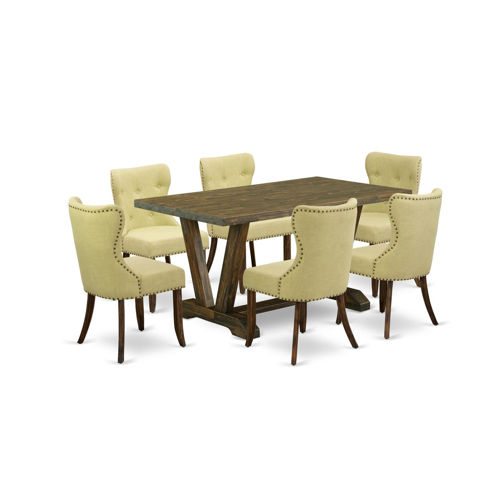 V776SBSZ4-7 Dining Ensemble 7 Piece Set with Rectangle Table & 6 Linen Chairs Umber Turquoise