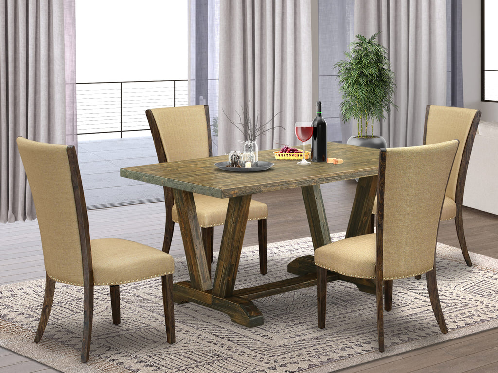 V776VUGSB-Y 5-Piece Set Rectangular Dining Table with V-Legs & 4 Upholstered Brown Chairs, 36x60 Multi-Color