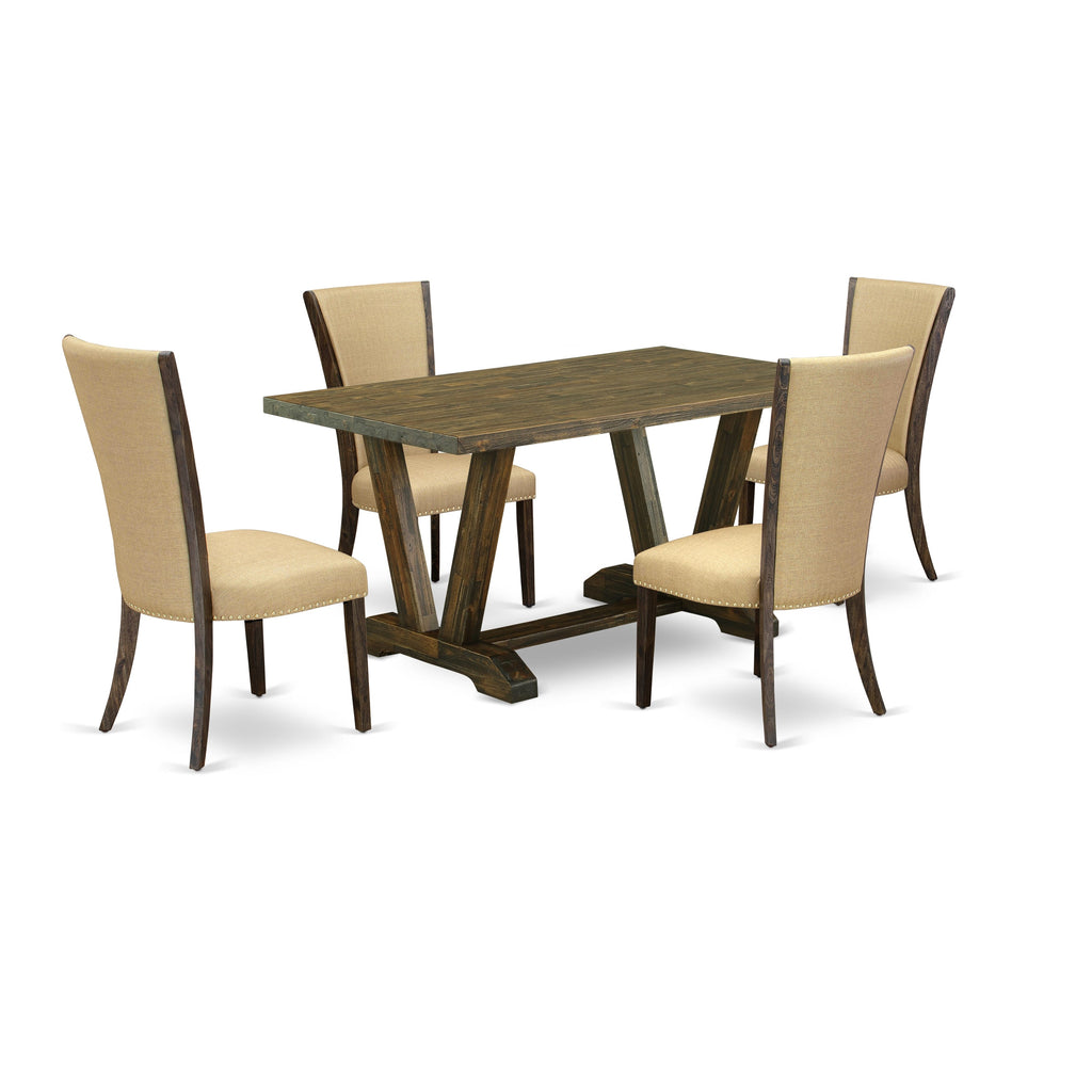 V776VUGSB-Y 5-Piece Set Rectangular Dining Table with V-Legs & 4 Upholstered Brown Chairs, 36x60 Multi-Color