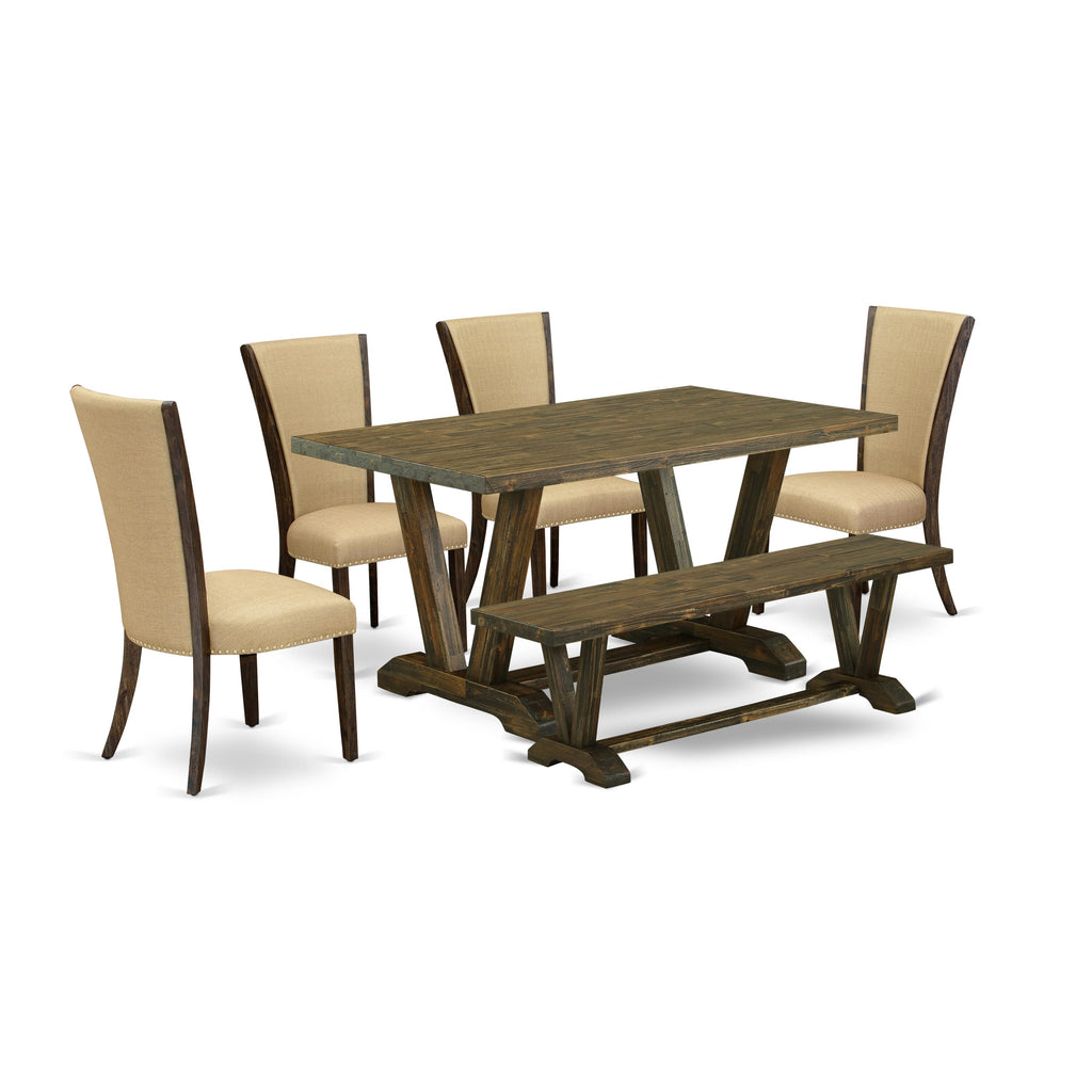 V776VPD0P-S 6-Piece Dining Set Rectangular Table with V-Legs, 4 Linen Chairs & Bench, 36x60in, Multicolor Flair