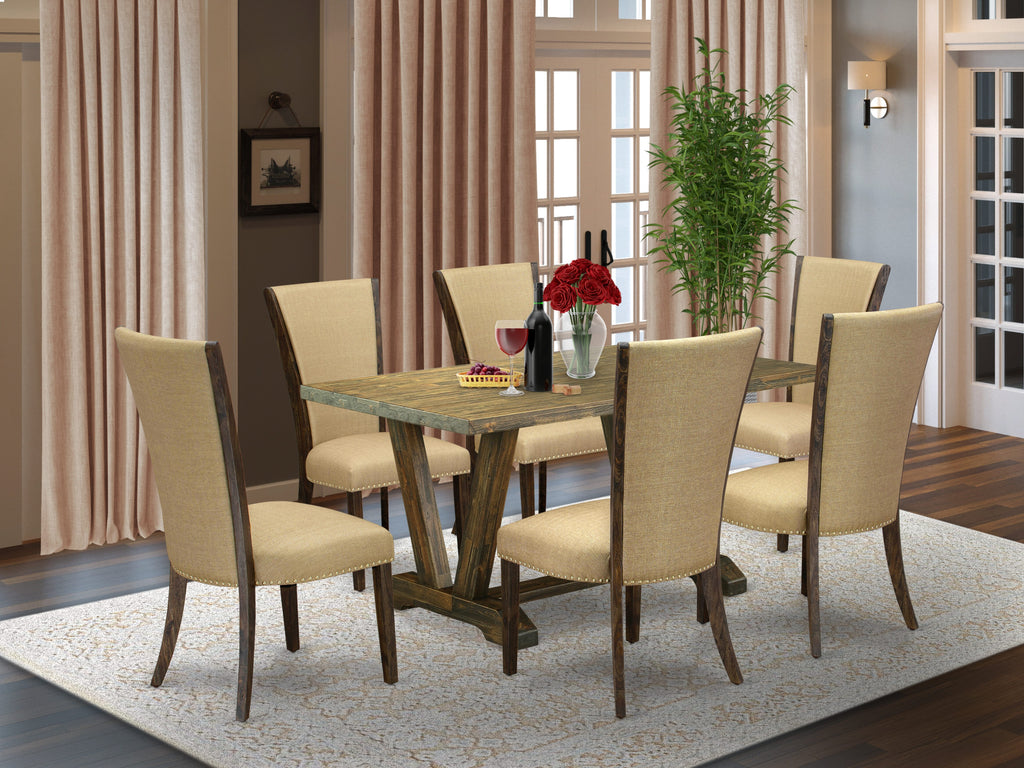 V776V7XTW-3 Luxurious Rectangular Table Set with V-Frame and 6 Comfy Brown Upholstered Chairs, 36x60 Multi-Color Dining Arrangement