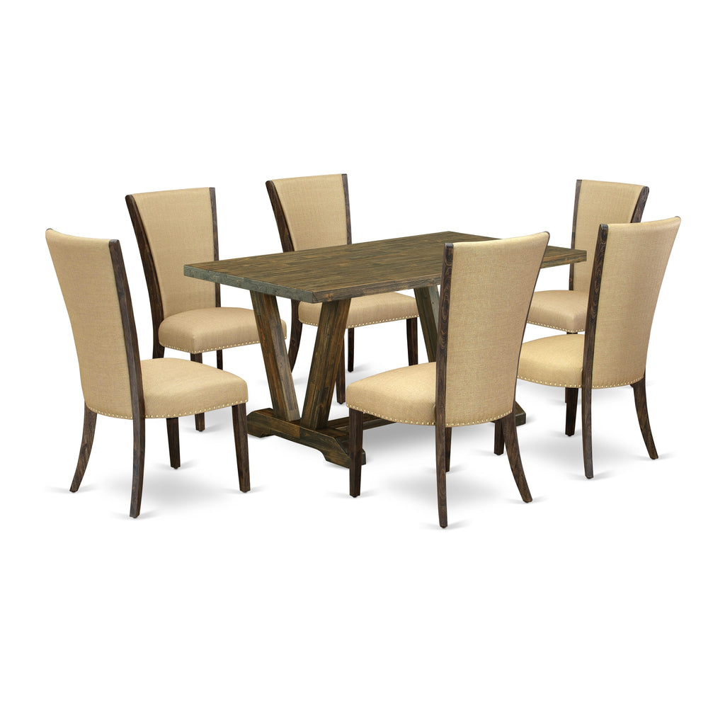 V776V7XTW-3 Luxurious Rectangular Table Set with V-Frame and 6 Comfy Brown Upholstered Chairs, 36x60 Multi-Color Dining Arrangement