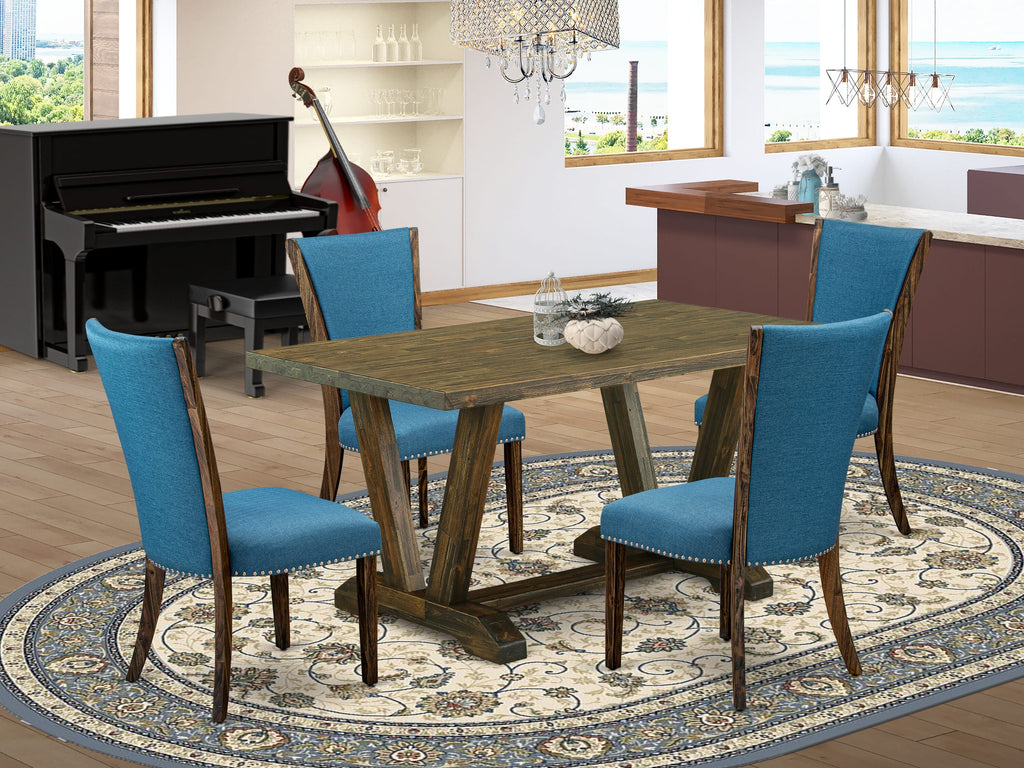 Versatile Set V776V6W14-1 5-Piece Dining Ensemble with Rectangular Table and 4 Blue Linen Chairs - 36x60