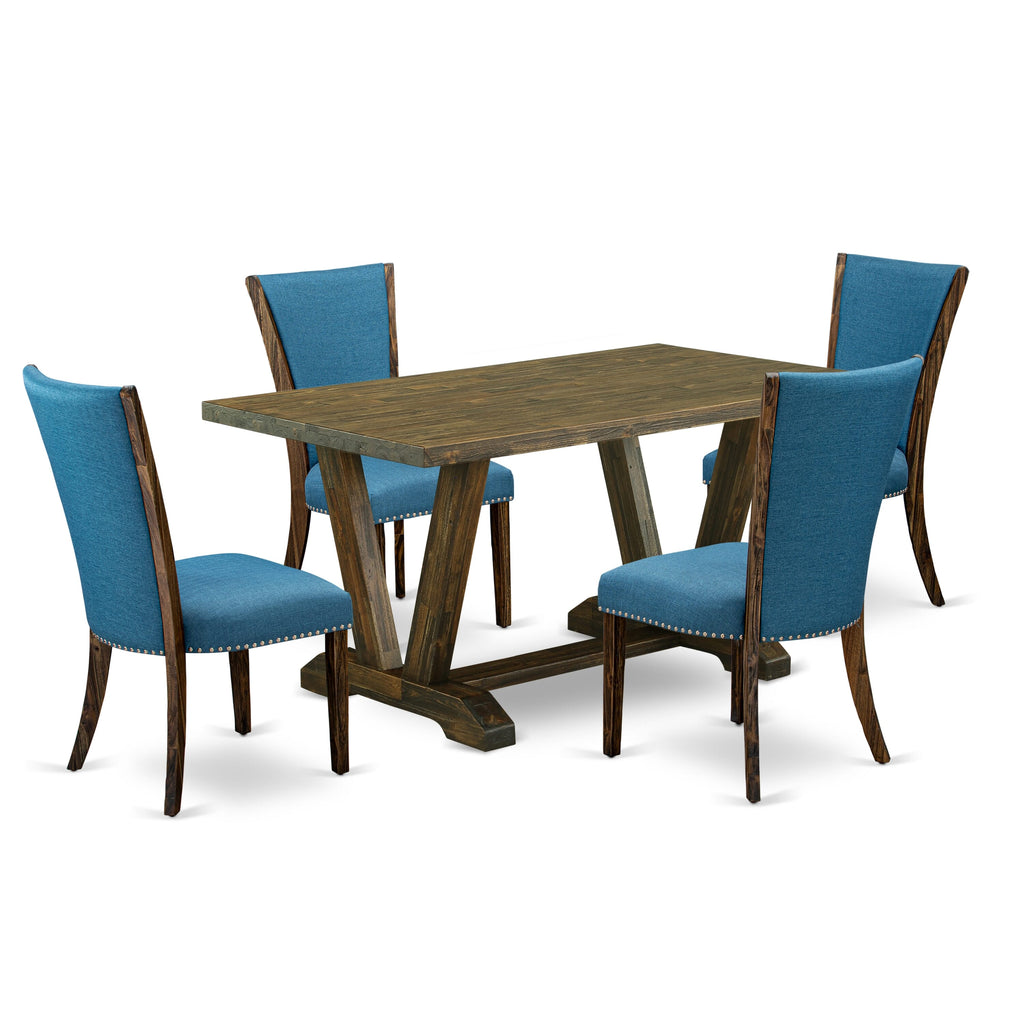 Versatile Set V776V6W14-1 5-Piece Dining Ensemble with Rectangular Table and 4 Blue Linen Chairs - 36x60