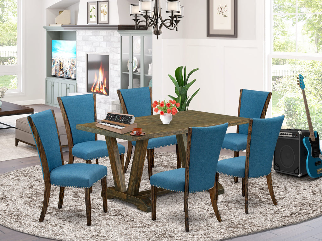 V776VRJLC-H 7 Piece Set with Rectangular Table featuring Unique V-Legs & 6 Blue Upholstered Chairs, 36x60 Multi-Color