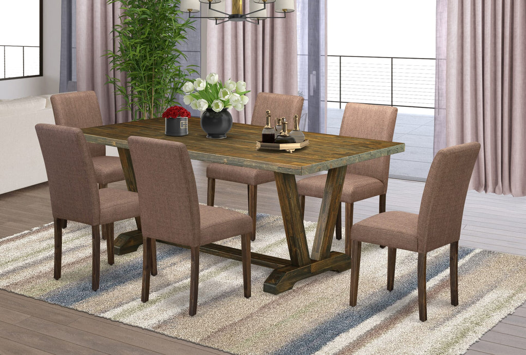 Set V777A4GYT-4 7 Piece Dining Ensemble with V-Leg Table and Parson Chairs, 40x72 Shades