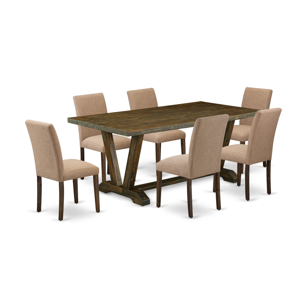 Set V777A4GYT-4 7 Piece Dining Ensemble with V-Leg Table and Parson Chairs, 40x72 Shades