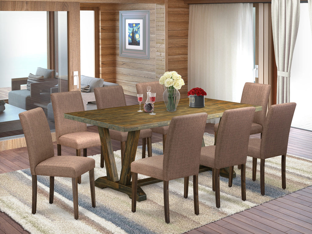 V777A9V4Z-U 9 Piece Dining Set Rectangle Table with V-Legs & 8 Light Sable Parsons Chairs - Multi-Color