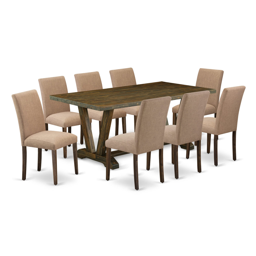 V777A9V4Z-U 9 Piece Dining Set Rectangle Table with V-Legs & 8 Light Sable Parsons Chairs - Multi-Color
