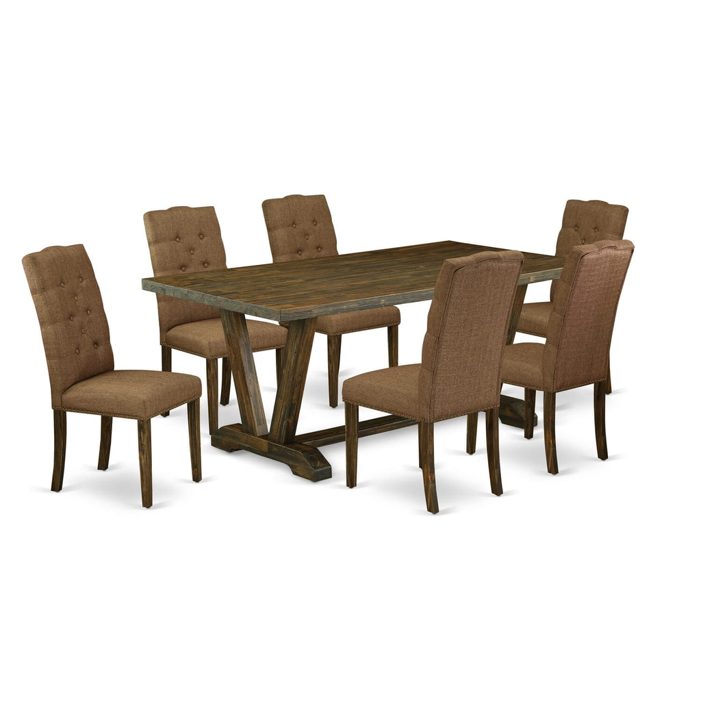 V777EYIGP Elegantly Styled 7-Piece Dining Ensemble with V-Shaped Leg Table and 6 Upholstered Chairs