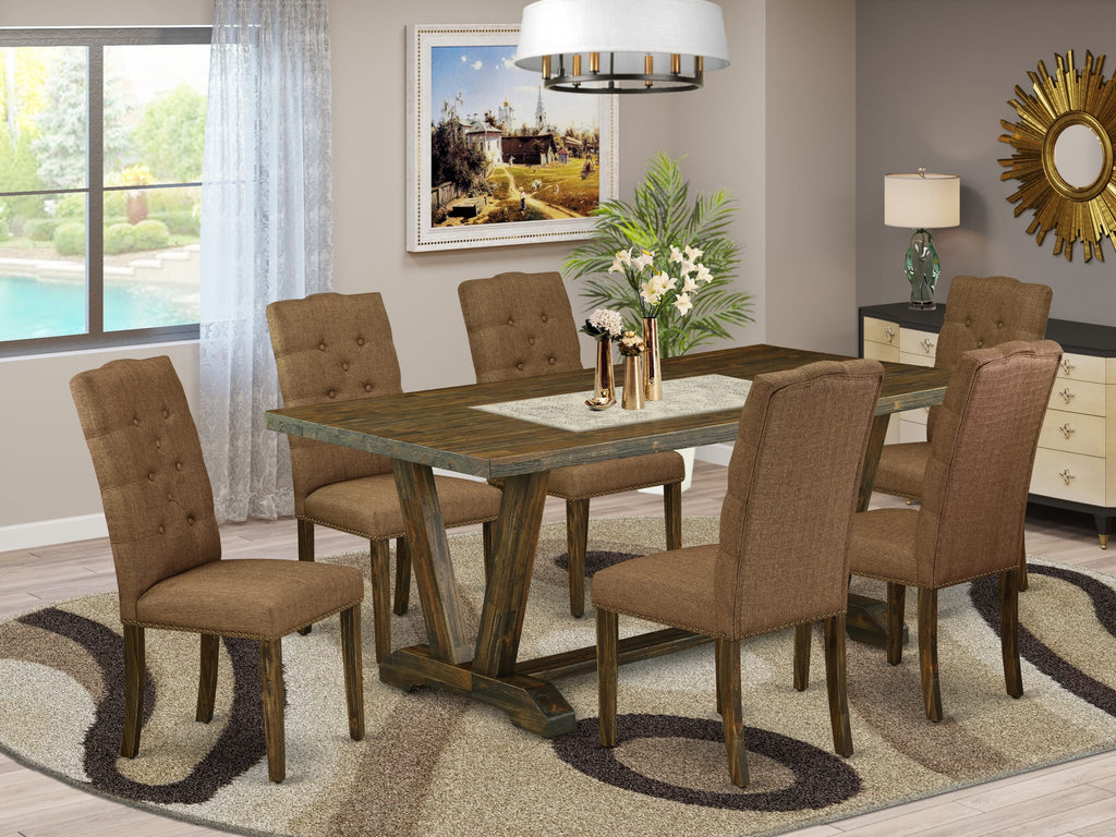 V777EYIGP Elegantly Styled 7-Piece Dining Ensemble with V-Shaped Leg Table and 6 Upholstered Chairs