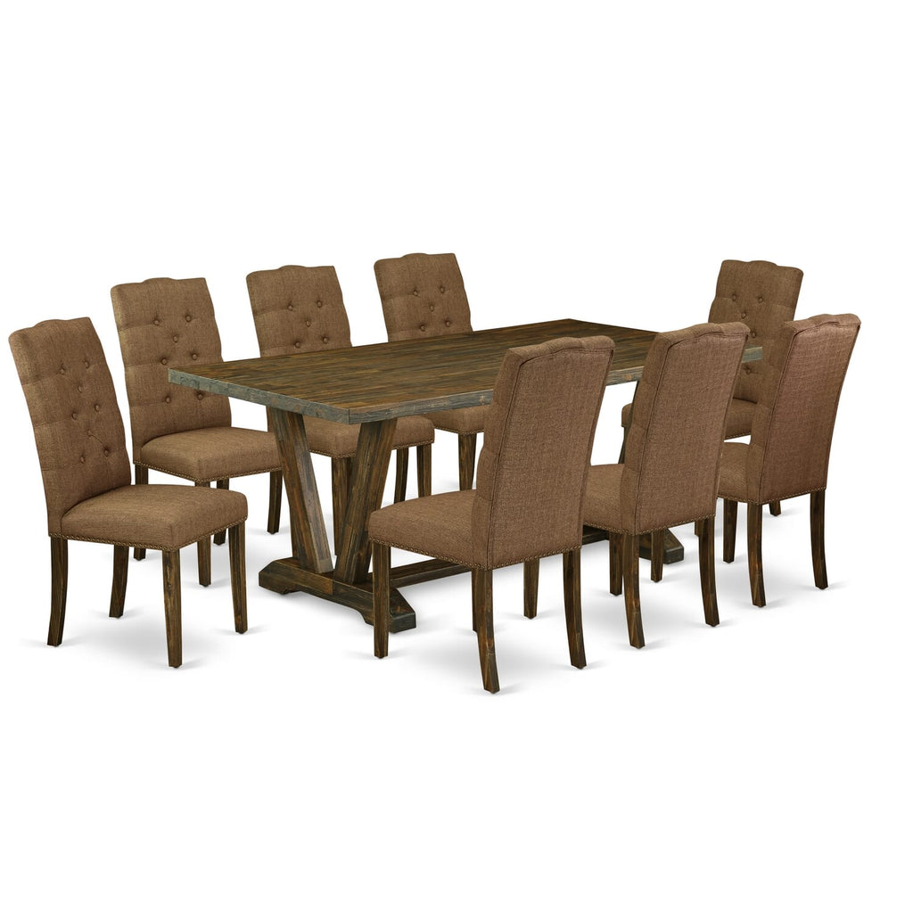 V777E76DS-5 Elegant Dining Set 9 Piece V-Leg Table & 8 Brown Linen Chairs, 40x72 Multi-Color Ensemble