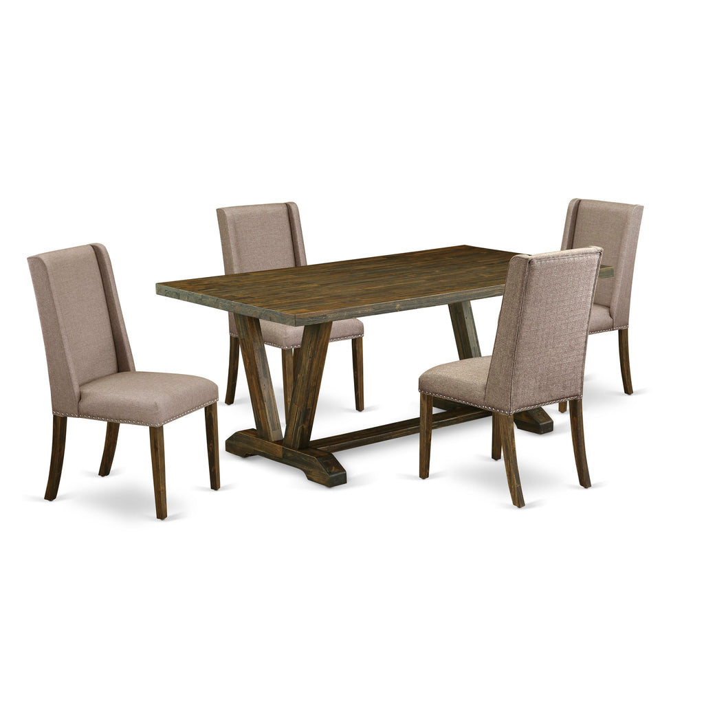 V777FQ5EY-P 5-Piece Dining Layout Rectangular Table with V-Shape Legs & 4 Linen Chairs in Khaki, 40x72