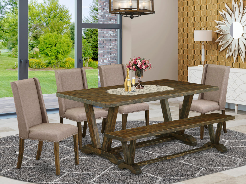 V777FTJJG-G 6-Piece Dining Set, Rectangular Table with V-Legs & Khaki Linen Chairs Plus Bench, Multi-Color