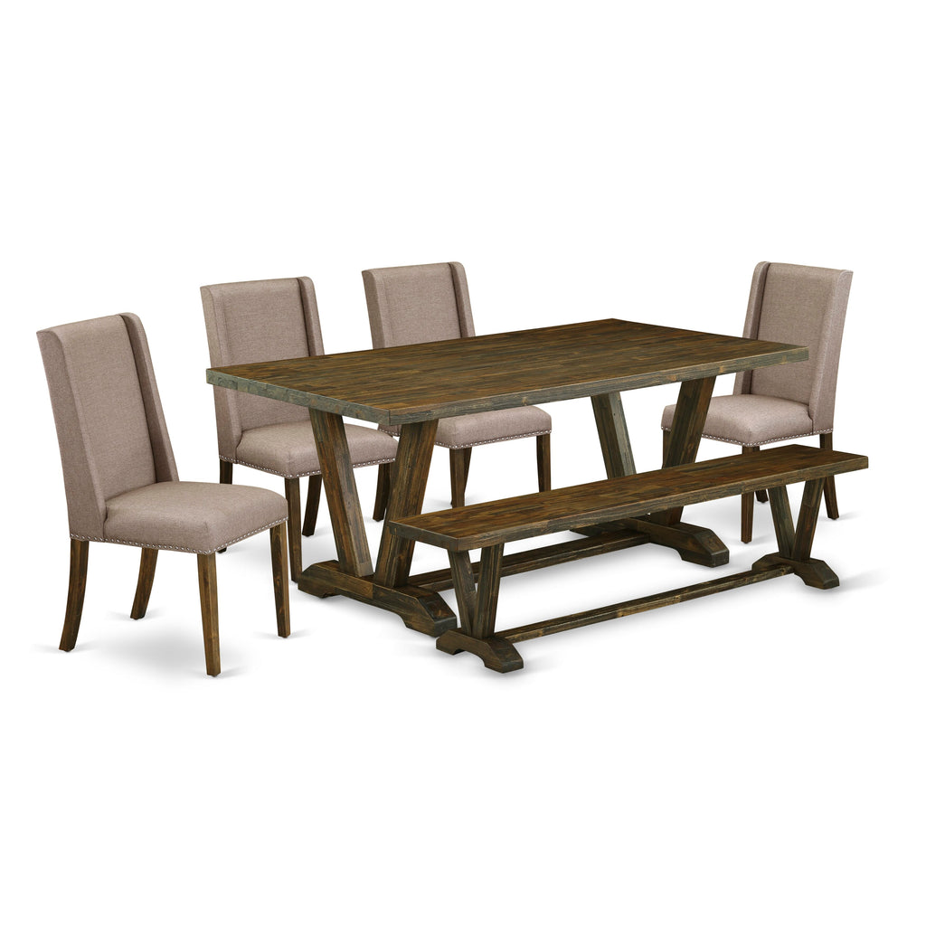 V777FTJJG-G 6-Piece Dining Set, Rectangular Table with V-Legs & Khaki Linen Chairs Plus Bench, Multi-Color
