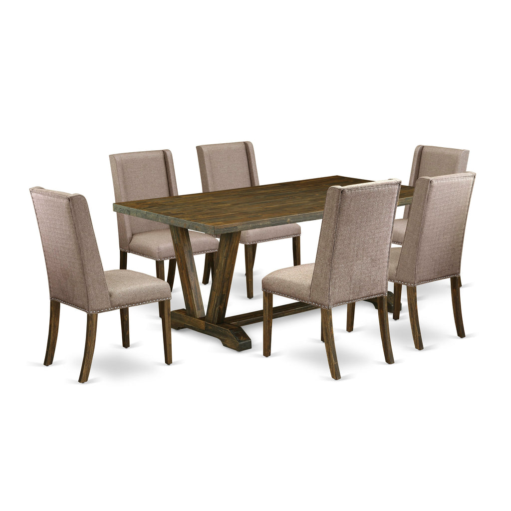 V777FA7FW-U 7-Piece Dining Set V-Shaped Table & 6 Dark Khaki Parsons Chairs, Multi-Color, 40x72