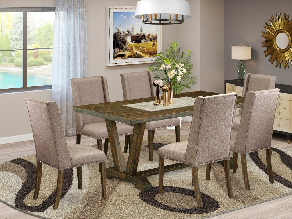 V777FA7FW-U 7-Piece Dining Set V-Shaped Table & 6 Dark Khaki Parsons Chairs, Multi-Color, 40x72