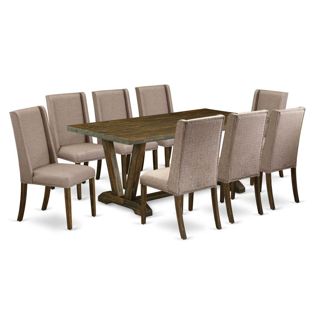V777F5WYB-6 Stylish 9-Piece Dining Ensemble with V-Leg Table & 8 Khaki Fabric Chairs, 40x72, Multi