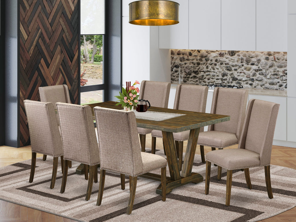 V777F5WYB-6 Stylish 9-Piece Dining Ensemble with V-Leg Table & 8 Khaki Fabric Chairs, 40x72, Multi