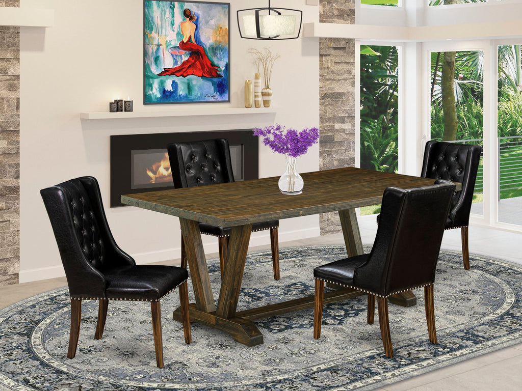 V777F6XTD-1 Sleek 5-Piece Dining Ensemble with V-Leg Table and 4 Upholstered Black Chairs Set