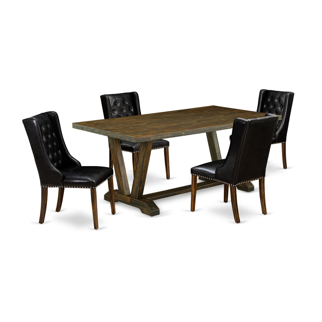 V777F6XTD-1 Sleek 5-Piece Dining Ensemble with V-Leg Table and 4 Upholstered Black Chairs Set