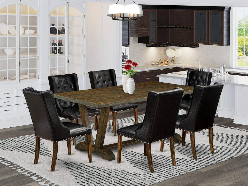 V777FMEJL-Y 7-Piece Dining Set Rectangular Table with V-Legs & 6 Faux Leather Parsons Chairs