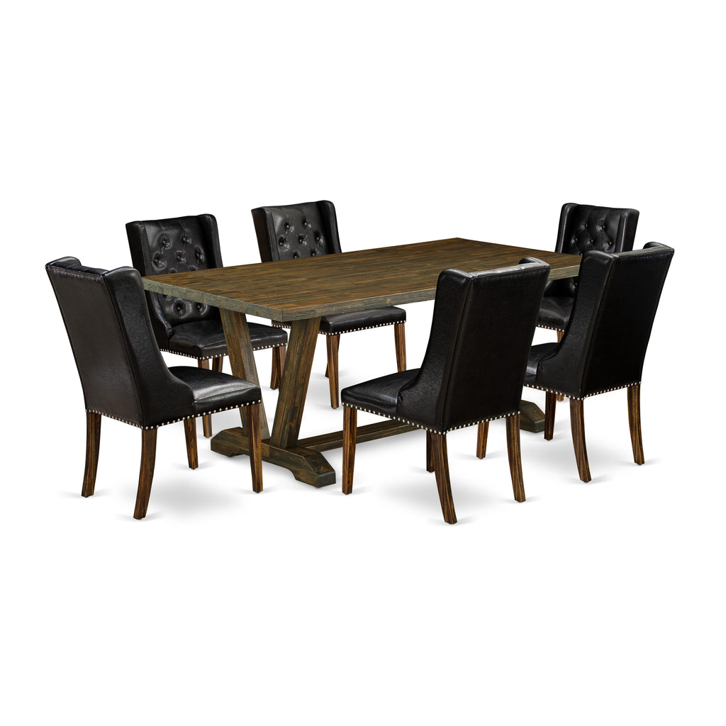 V777FMEJL-Y 7-Piece Dining Set Rectangular Table with V-Legs & 6 Faux Leather Parsons Chairs
