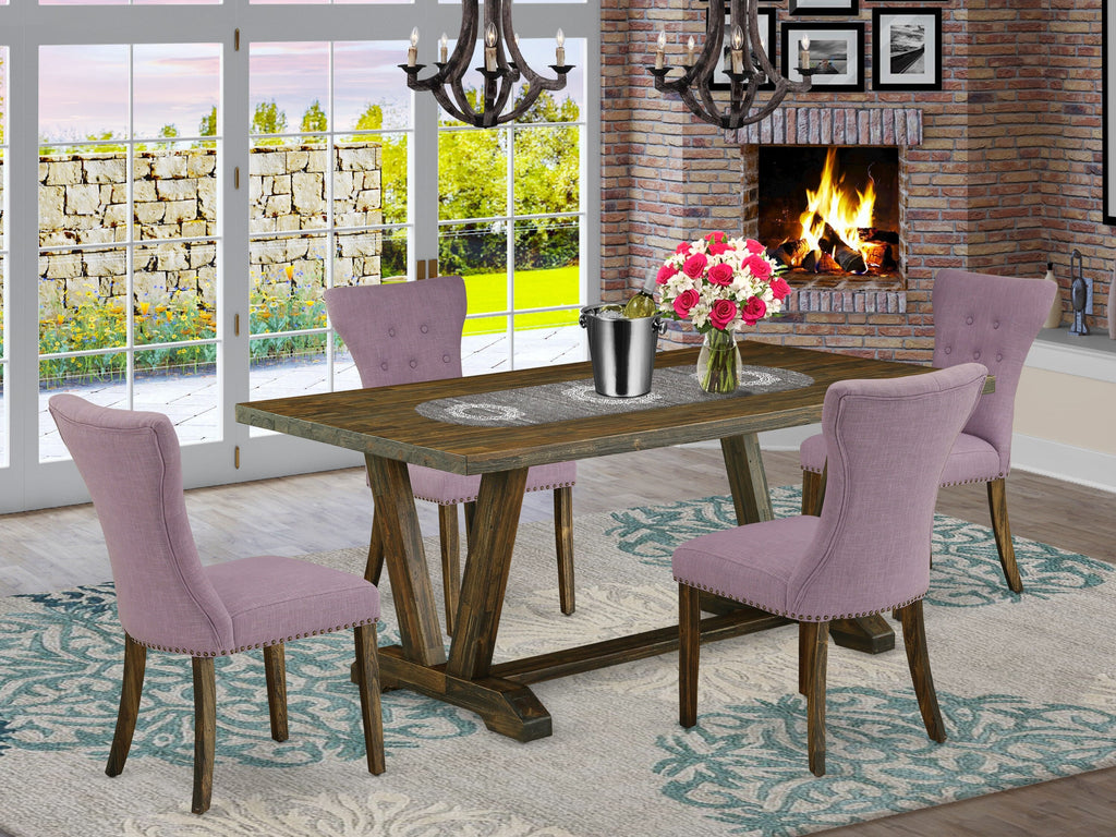 V777GEKUI-T Dining Set Rectangular Table with V-Legs and Linen Upholstered Chairs for 5, 72-Inch, Multi-Color