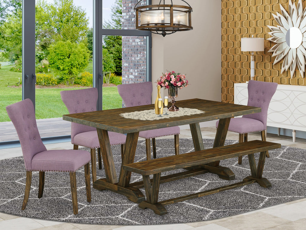 V777GAEC7-8 6-Piece Dining Set Includes Rectangular Table with V-Legs, 4 Parson Chairs, and Bench, 40x72 Multi-Color